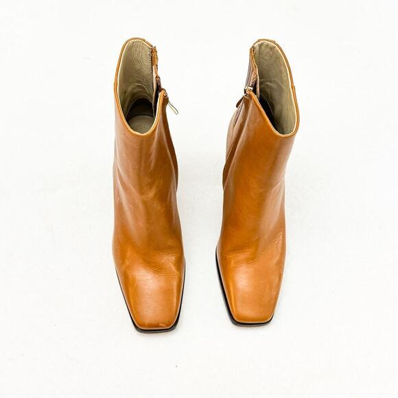 Paige Bootie Farah Tan Leather Square Toe Minimalist Bootie Side Zip Size 7 MINT